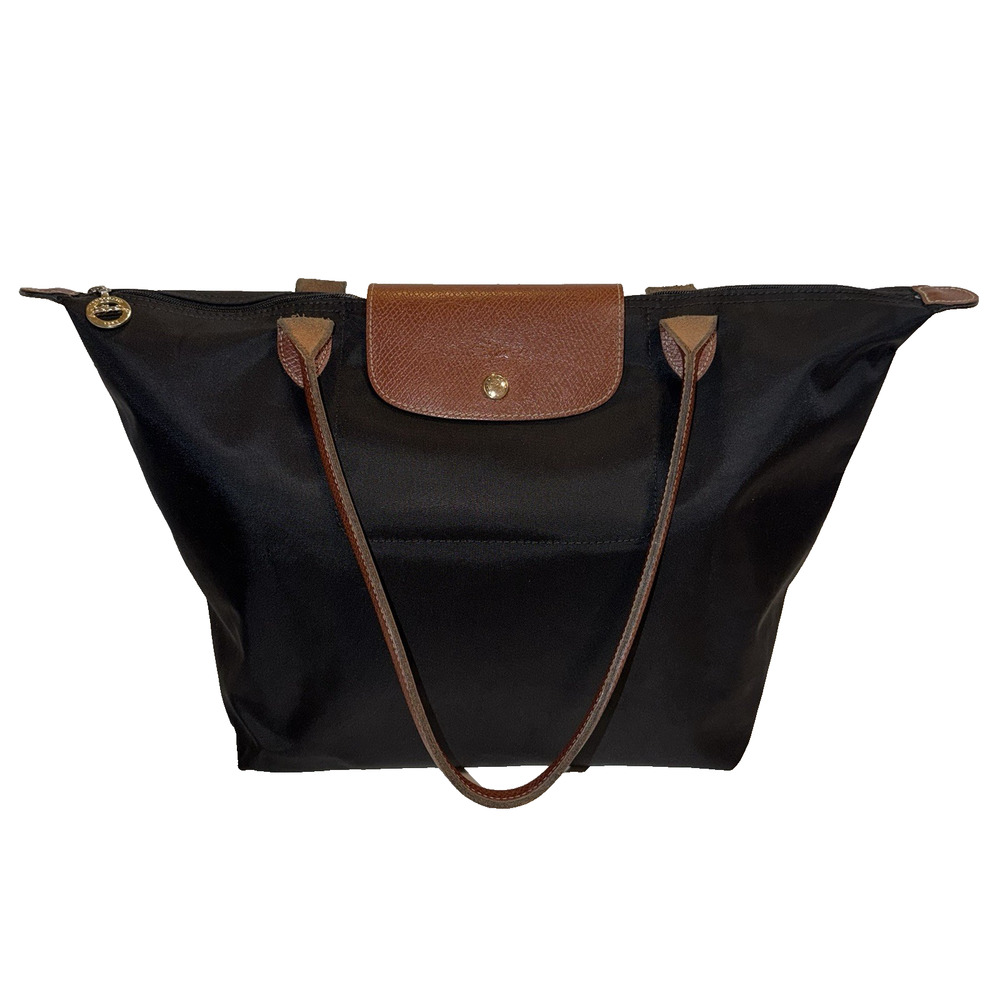 Longchamp Le Pliage L Tote Bag Large Black Coated Canvas Brown Leather Straps